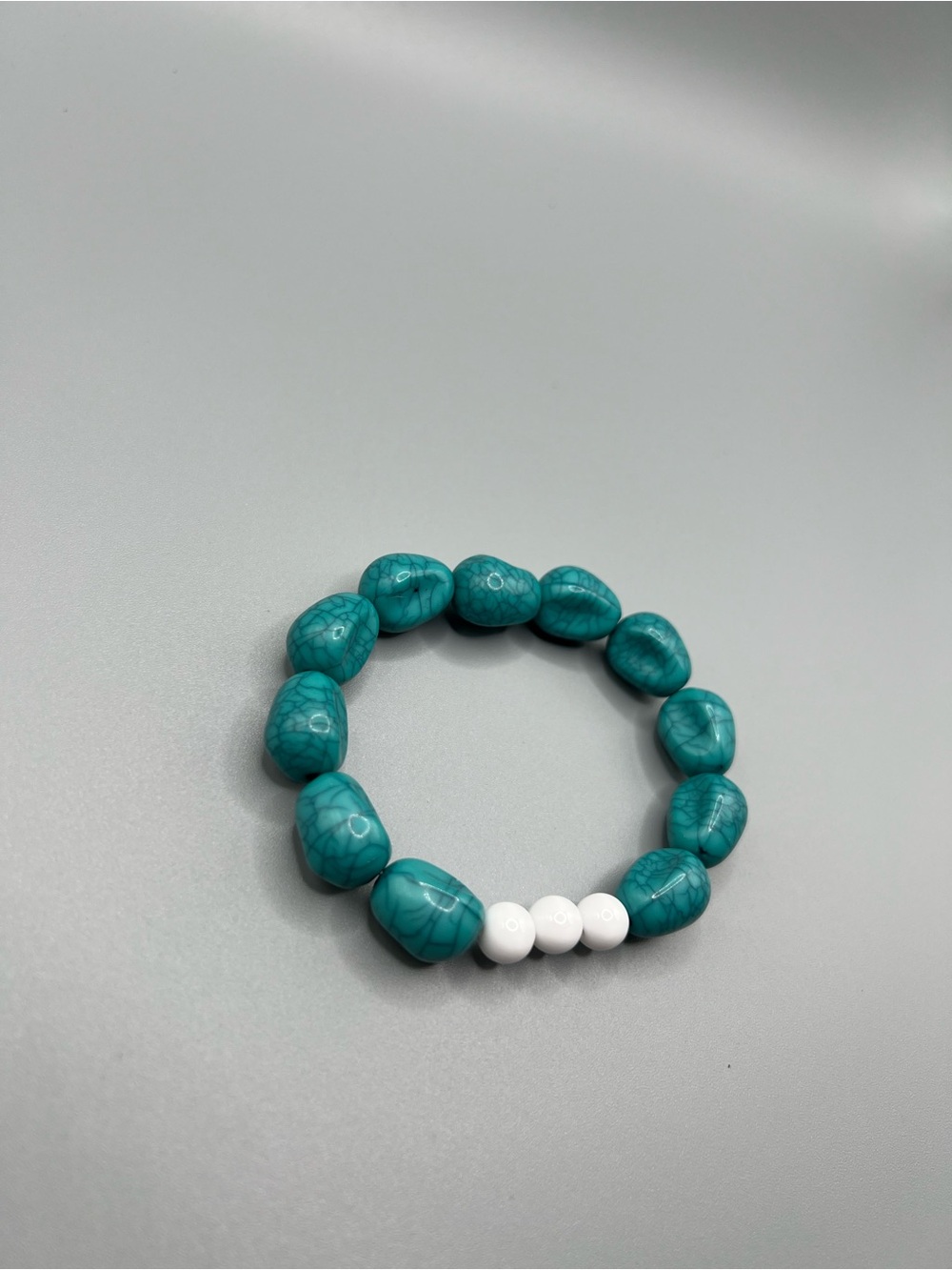Turquoise Beaded Stretch Bracelet with White Accent Beads - Handmade #B0344T